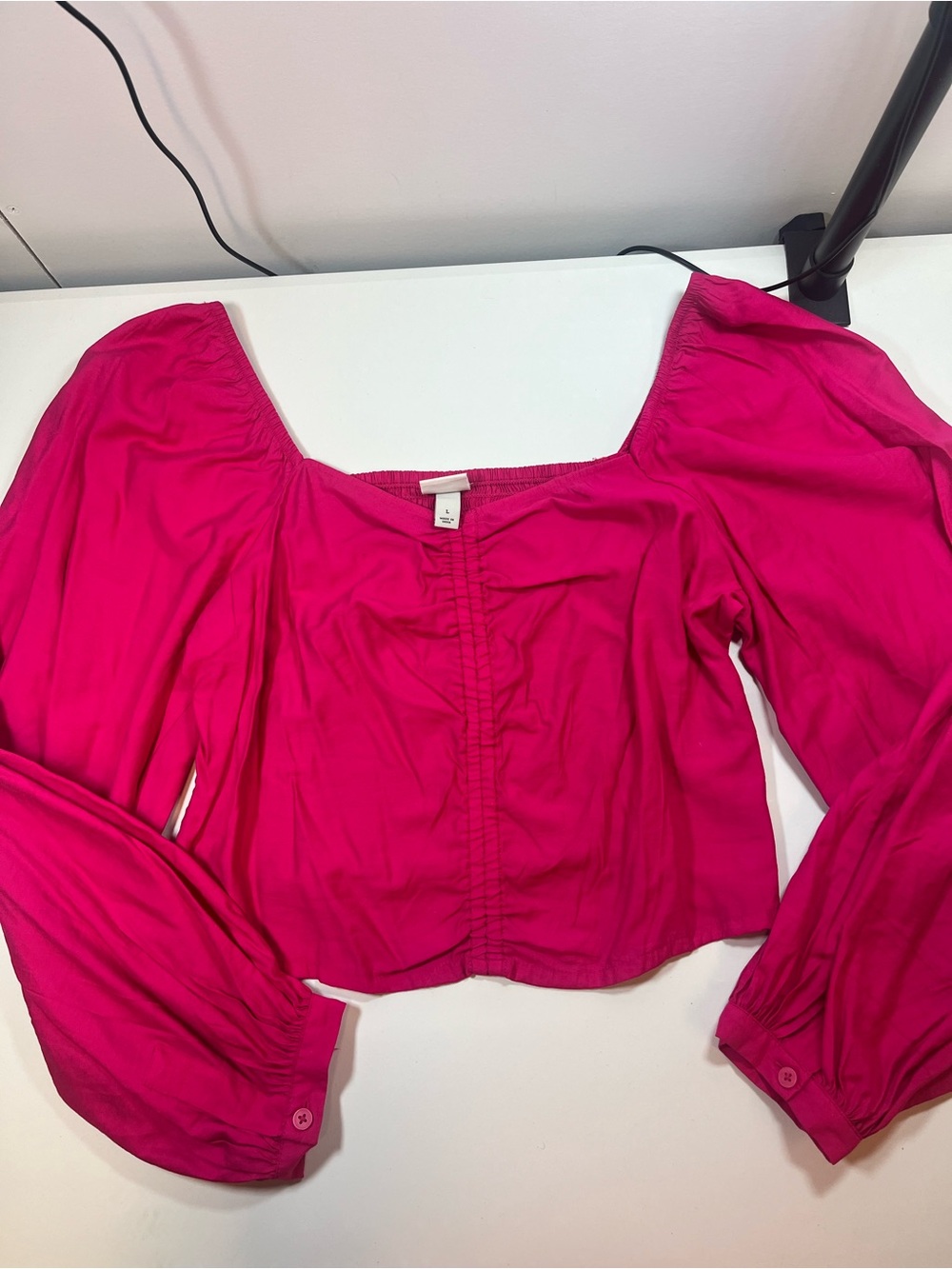 A New Day Size L Hot Pink Puff Sleeve Ruched Square Neck Top